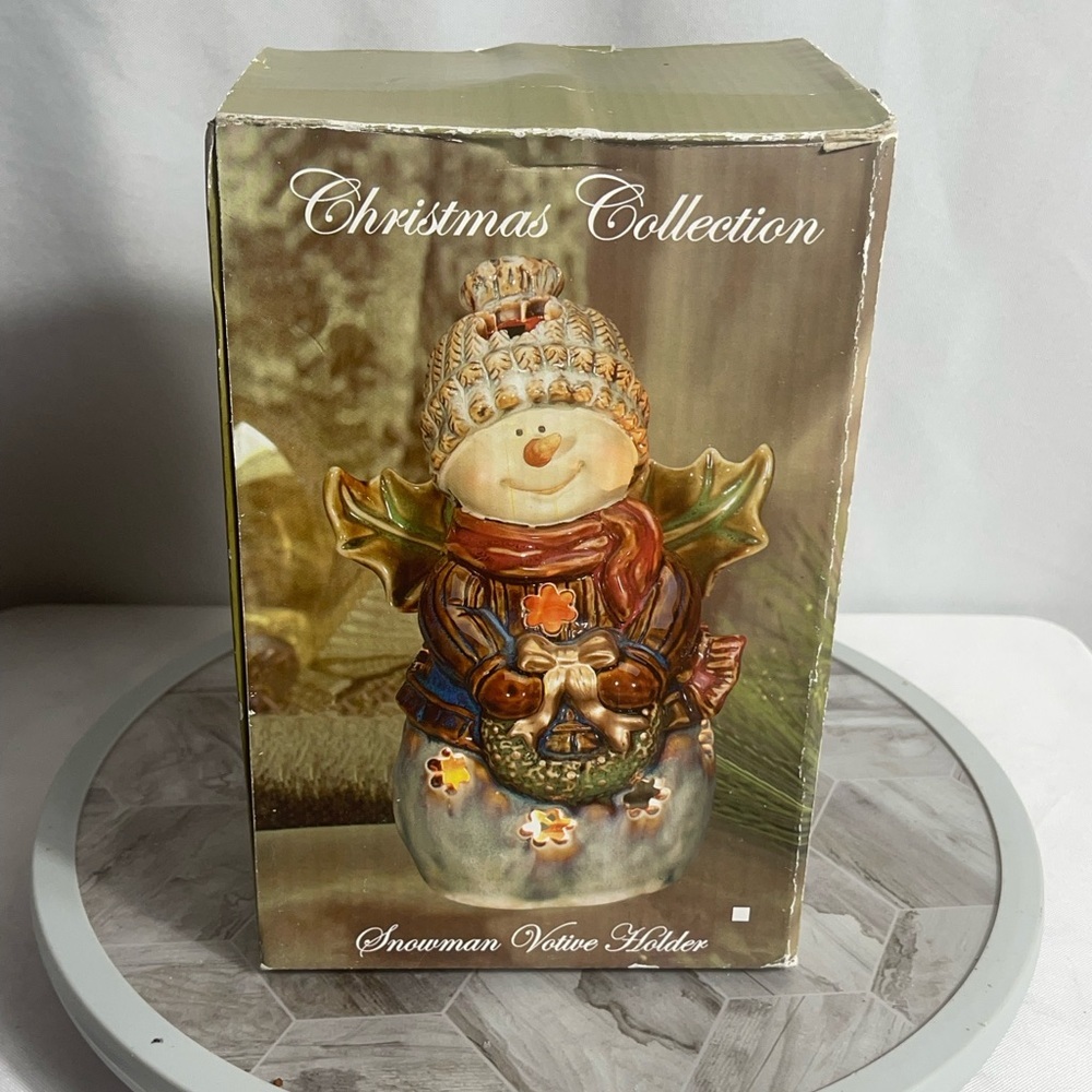 Christmas Collection Snowman Ceramic Votive Holder with Box, 8.5” Tall